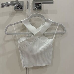 Babaton White Halter Sleeveless Crop Top with Asymmetrical Bustier Style